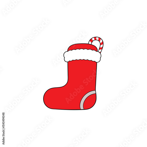 a red snow boot with fur trim and candy cane insid