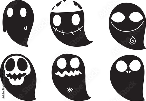 Minimalist ghost illustrations, simple black and white ghost shapes, spooky supernatural entities, stylized paranormal symbols cartoon ghosts, minimalist ghosts, simple ghosts, Halloween ghosts