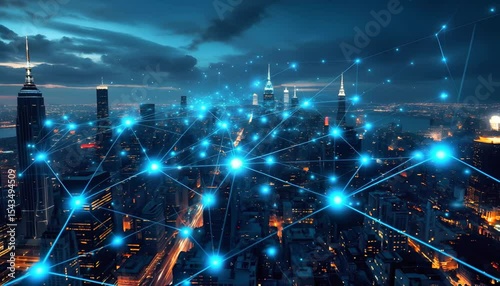 Aerial view of a cityscape at night. 5G wireless network, high speed internet, cloud computing or connect diagram technology.