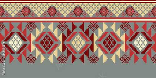 Pixel art ethnic, Pattern fabric pixel, design for background, clothing, decorative, drapery, cloth embroidery, geometric pixel art, handcraft, wallpaper, carpet, bag, card, cushions, Print, ethnic