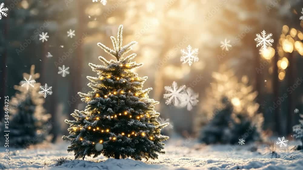 Decorated fir tree glowing with string lights stands in a snowy forest at golden hour. Snow gently falling around creates a serene and festive Christmas mood outdoors.