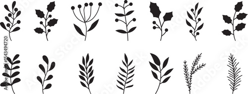 collection of various botanical silhouette vibrant green leave, intricate plant elements. minimalist floral patterns, natural compositions, abstract plant designs, decorative greenery