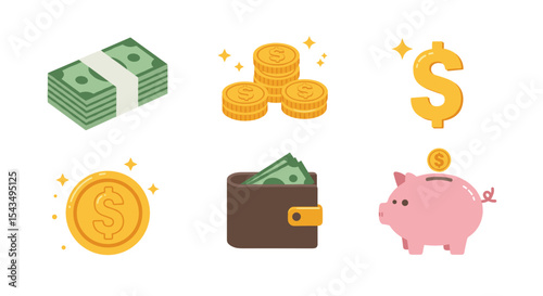 Illustration showing money stacks, coins, dollar sign, wallet, and piggy bank icons