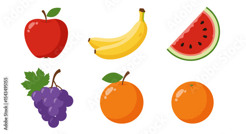 Illustration of a collection of fruits including apple banana watermelon grapes oranges