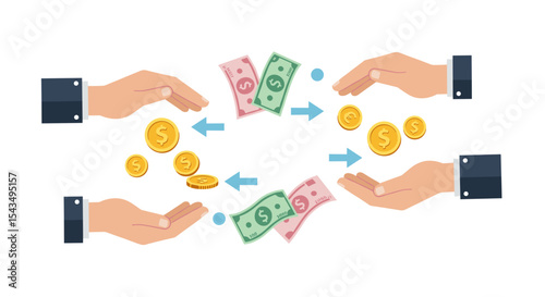 Hands exchanging money in a circular flow of currency and gold coins design