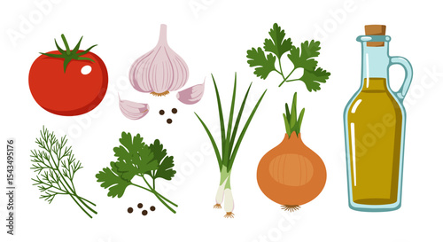 Illustration showing tomato, garlic, parsley, dill, onion, and oil bottle items