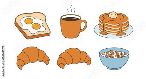 Illustration of breakfast food items including toast, coffee, pancakes, and cereal