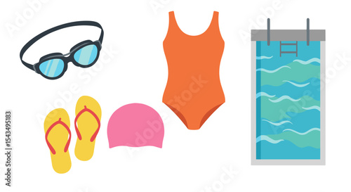 Illustration of swimming pool with ladder, swimsuit, goggles, cap and flip flops