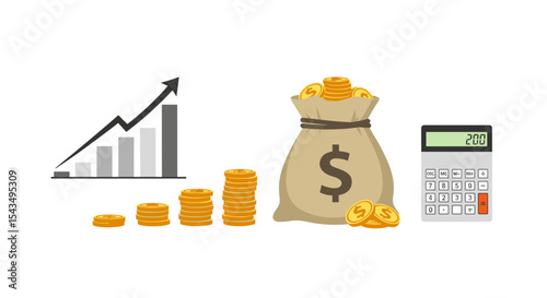Illustration showing financial growth with coins, chart, money bag and calculator