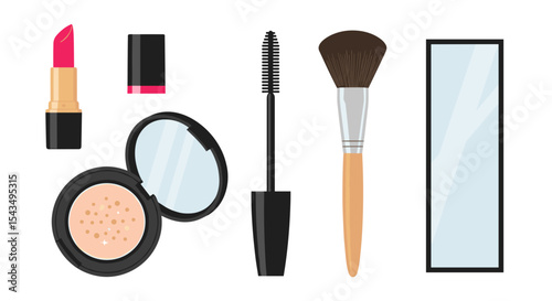 Illustration of lipstick powder compact mascara brush and mirror on white background