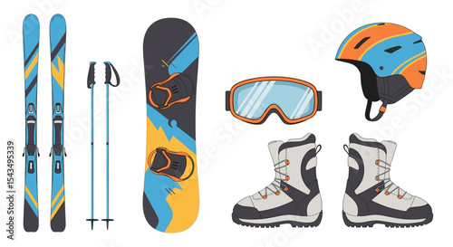 Illustration of skis, poles, snowboard, goggles, helmet, and snow boots arrayed