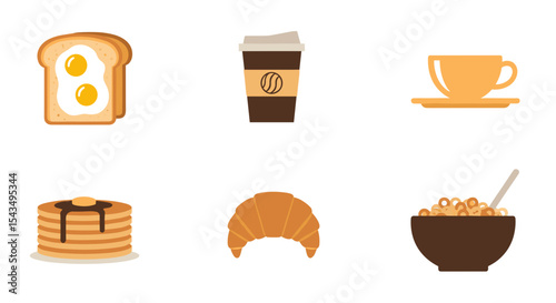 Illustration of breakfast items including toast, coffee, pancakes, and cereal