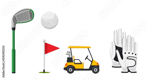 Illustration of golf equipment including club ball cart flag and golf gloves