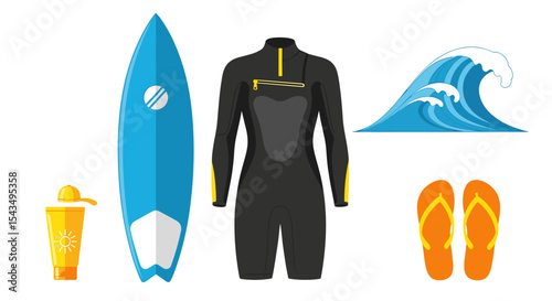 Illustration of a surfboard, wetsuit, wave, sunscreen, and flip flops on white