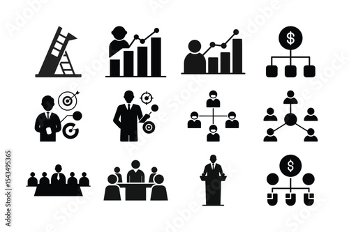 Conceptual Business and Financial Strategy Icons Depicting Growth, Teamwork, Hierarchy, and Leadership in Planning for Success