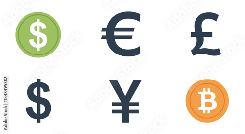Illustration showing various currency symbols including dollar euro pound and bitcoin