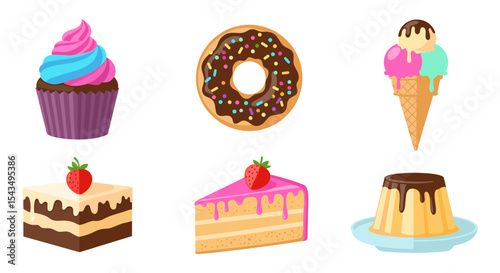 An assortment of colorful desserts including cupcake donut ice cream cake and pudding