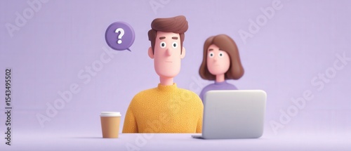 Cartoon characters are working and confused in front of a computer. Illustration of uncertainty, question, digital communication, and problem-solving.