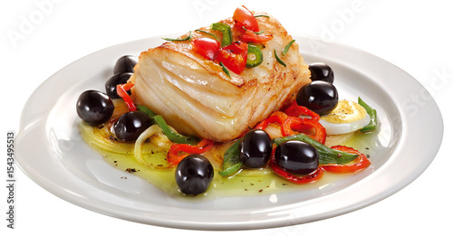 prato com bacalhau assado acompanhado de pimentões grelhados, azeitona preta e ovo cozido isolado em fundo transparente