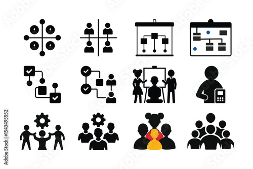 Business Strategy and Organizational Structure Icons Set Representing Teamwork, Hierarchy, Leadership, and Project Management Concepts for Presentations and Infographics