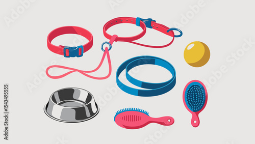 An assortment of various pet care items including collars brushes and a bowl set up