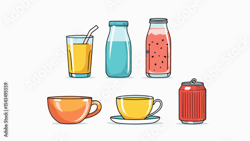 Illustration of various beverages including juice, water, and canned drink items