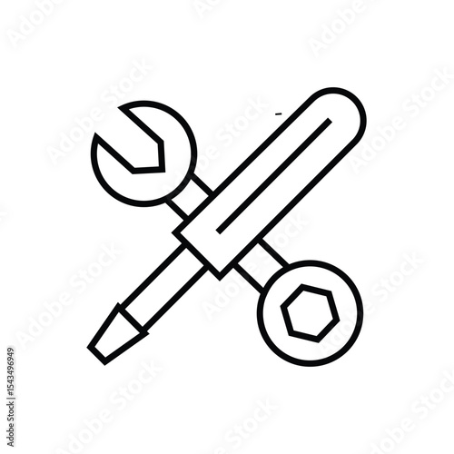 Simple black and white line icon of a wrench and screwdriver crossed in an X shape, symbolizing tools, repair, and settings. Ideal for user interfaces, maintenance pages, or tech content.