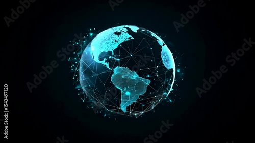 3D blue digital earth made of data points and glowing lines on black background, concept of tech planet and global network systems