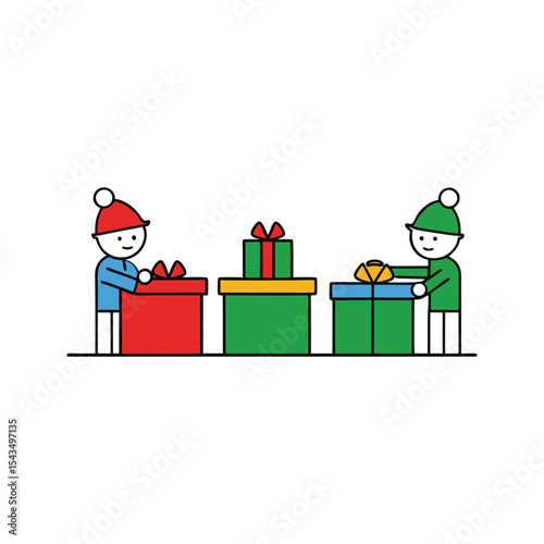 a team of elves wrapping multicolored gifts at wor