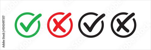 check mark icon button set. check box icon with right and wrong buttons and yes or no checkmark icons in green tick box and red cross.