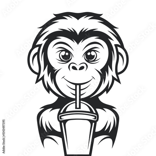 Cartoon Monkey Sipping a Drink: Detailed Line Art Illustration for Graphic Design and Creative Projects, Perfect for Mascot Designs.                  