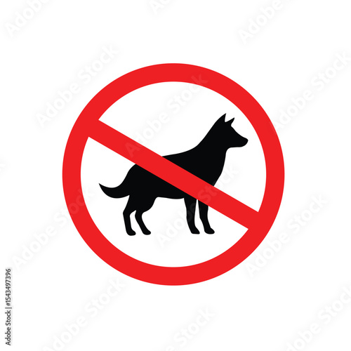 Vector icon of a "No Dogs Allowed" sign featuring a black dog silhouette crossed out with a red prohibition circle. Ideal for use in public areas, parks, or pet-restricted zones signage.