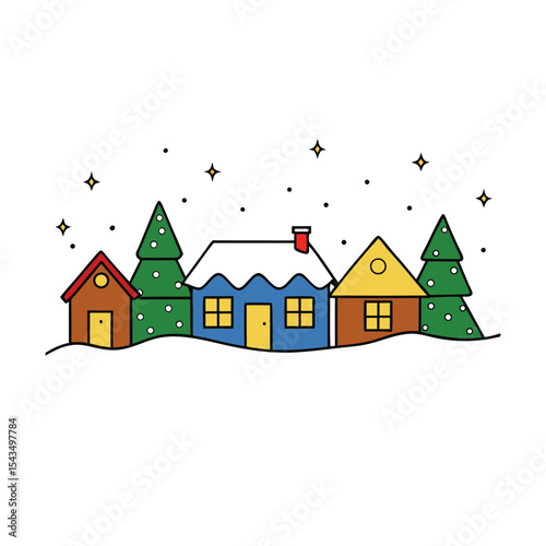 a winter village lit by holiday lights with snowfa