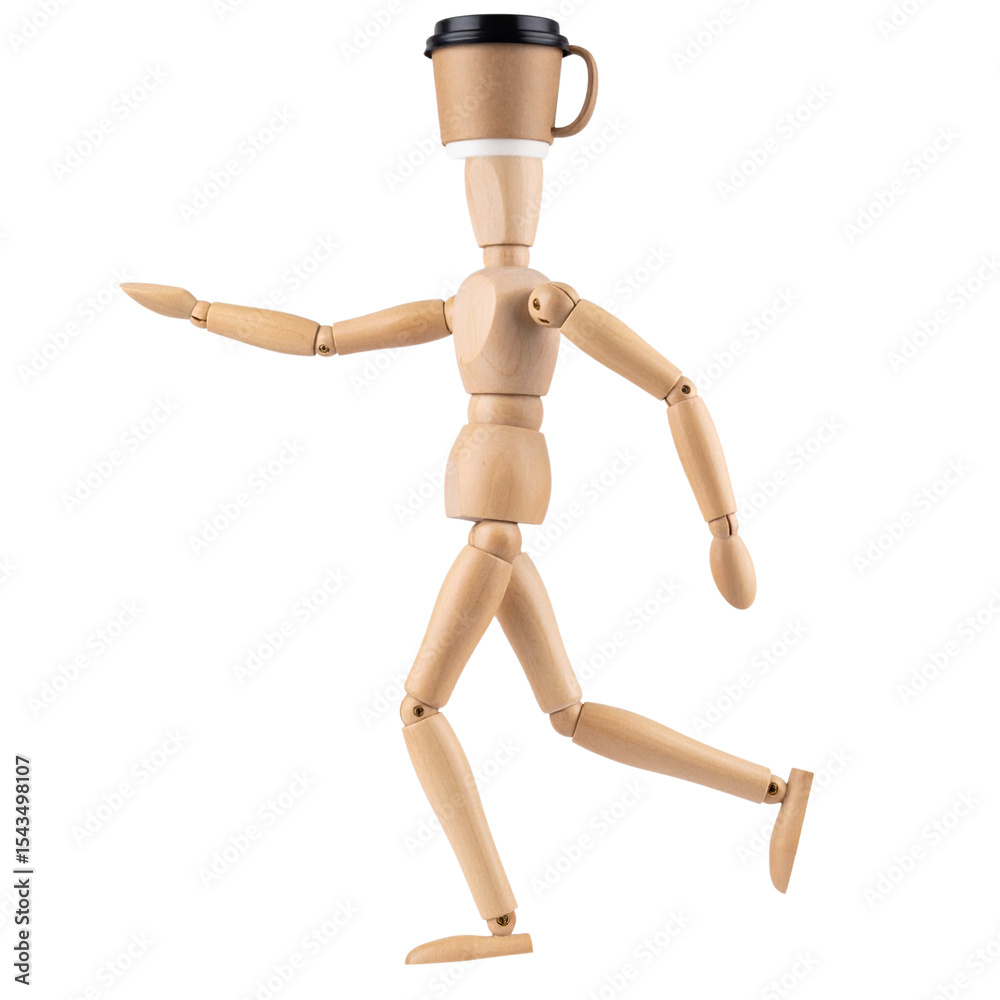 Wooden Mannequin in Mid-Walk Pose Balancing Coffee Cup on Head, isolated on a transparent background png Wooden Mannequin in Mid-Walk Pose Balancing Coffee Cup on Head, isolated on a transparent background png