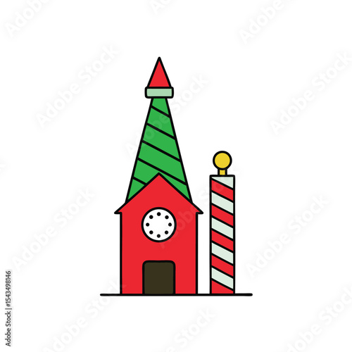 an elf workshop with candy striped chimney and clo