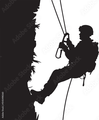 Climber Rappelling Down Cliff Silhouette

Extreme Rappelling Action Vector Scene

Mountain Rappelling Gear Silhouette Design

Rappeller Hanging on Rock Face Vector Art

Vertical Descent Adventure Silh