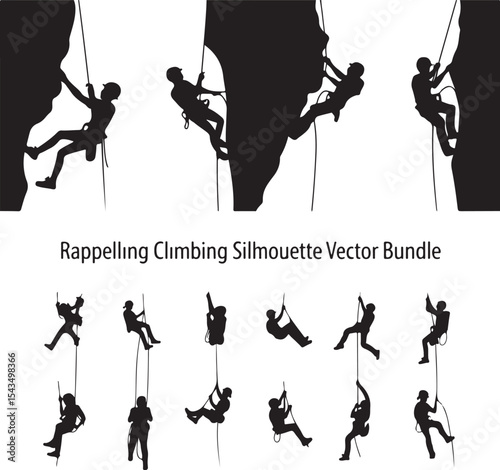 Climber Rappelling Down Cliff Silhouette

Extreme Rappelling Action Vector Scene

Mountain Rappelling Gear Silhouette Design

Rappeller Hanging on Rock Face Vector Art

Vertical Descent Adventure Silh