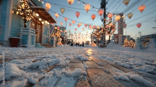 business seminar during festival Snowy street decorated with glowing lanterns and festive lights du winter evening festival business networking event