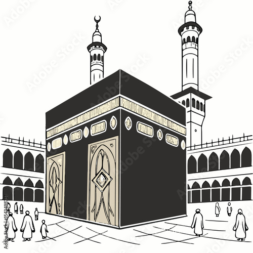 Black and white illustration of holy mosque and Kaaba, ideal for Ramadan, Hajj, and Islamic posters.