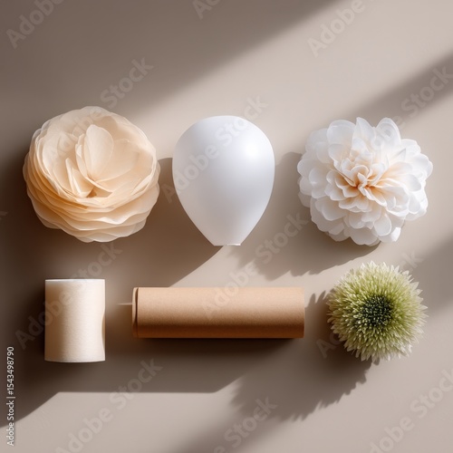 business seminar during festival Minimalist flat lay of decorative paper flowers, foam roll, and organic ball arrangement on beige background festival business networking event