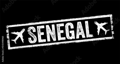 Senegal - is the westernmost country in West Africa, situated on the Atlantic Ocean coastline, text emblem stamp with airplane