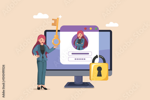 Secure User Login and Password Protection: A Woman Ensuring Digital Identity Safety with Key and Lock for Online Accounts.