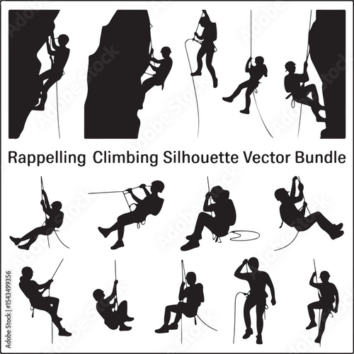 Climber Rappelling Down Cliff Silhouette

Extreme Rappelling Action Vector Scene

Mountain Rappelling Gear Silhouette Design

Rappeller Hanging on Rock Face Vector Art

Vertical Descent Adventure Silh