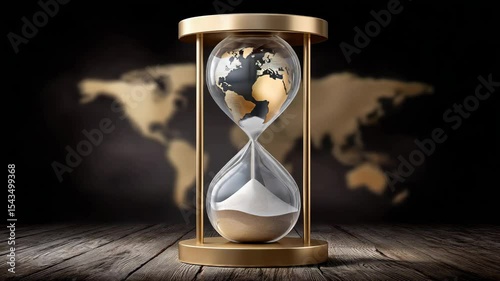 Hourglass world map with sand flowing symbolizes time and cloud data storage for global information management in digital world environment