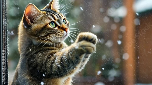 Tabby cat paws at snow
