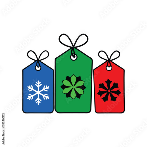 holiday gift tags in red  green  blue with snowfla