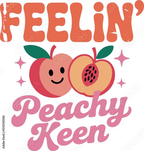 Peach pun kawaii vector. Fruit with face and sparkles in retro pastel cartoon doodle style.