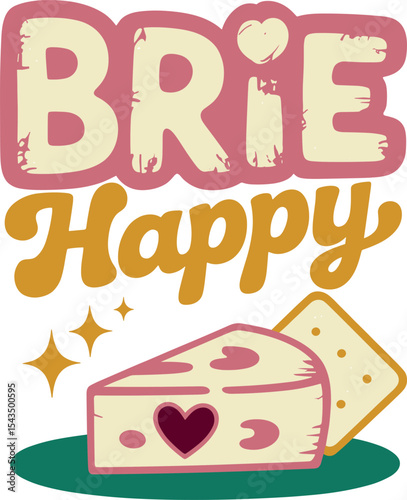 Brie cheese pun cartoon vector. Smiling wedge and cracker with heart in retro doodle style.