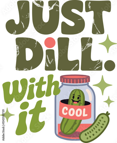 Pickle pun cartoon vector. Cool cucumber in jar with sparkles and bold retro lettering. Doodle style.