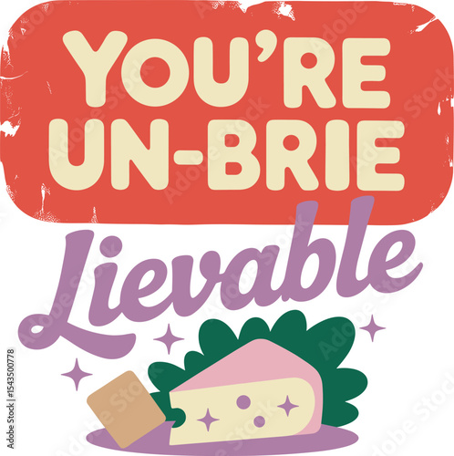 Cheese pun cartoon vector. Brie cheese wedge with happy sparkles. Retro style funny food quote.